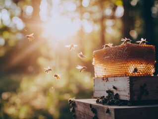 Honeybees swarm around honeycomb structure on a wooden hive in soft sunlight