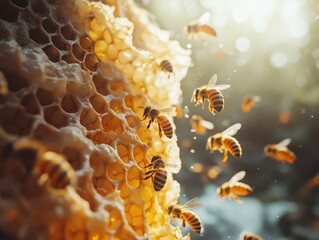 Bees Flying Near Honeycomb in Bright Sunlight With Honey Texture