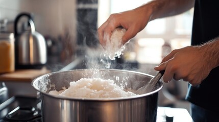 Cooking rice in a large pot