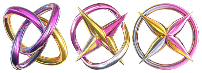 PNG Colorful abstract metallic shapes, element set on transparent background