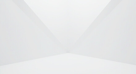 A minimalist white room with converging walls and soft light creating a sense of spaciousness and calm