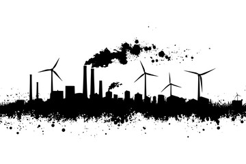 Wind turbines facing coal plants, vector graphic