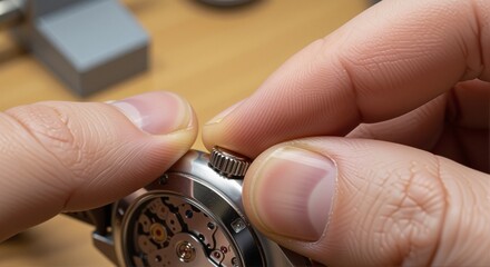 Close-up of hands winding watch crown on a luxury timepiece, detailed focus