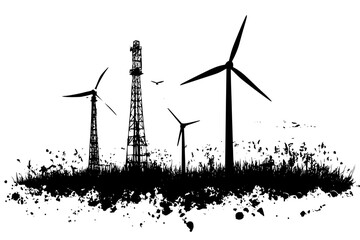 Wind turbines facing oil derricks, vector design
