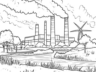 Wind turbines replacing coal stacks, vector design