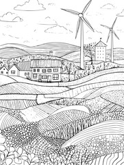 Wind turbines across rolling farm fields, vector design