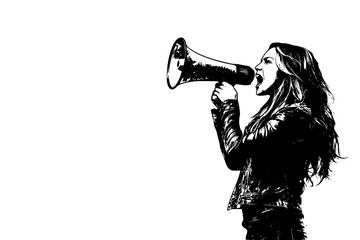 Woman speaking through street megaphone, vector design