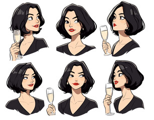 Set of six diverse cartoon female businesswomen in black suits with white shirts, holding champagne glasses in various expressive poses, vibrant illustrative style, light background