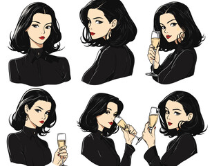 Set of six diverse cartoon female businesswomen in black suits with white shirts, holding champagne glasses in various expressive poses, vibrant illustrative style, light background