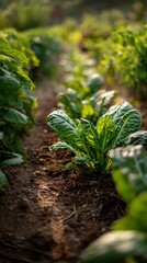Bright Green Spinach Growing in an Organic Garden During the Golden Hour of the Evening