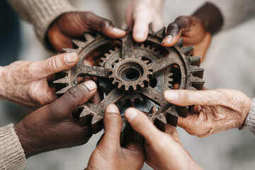 Many hands work together to hold a large gear symbolizing teamwork and collaboration in a creative project