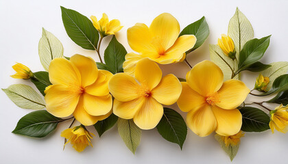 Obraz premium yellow flowers blooming with green leaves on white background