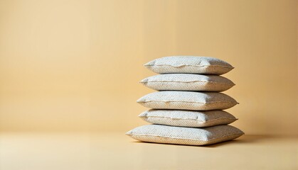 Stack of textured cushions in neutral colors arranged neatly against a warm yellow background, cozy concept of home decor or interior design