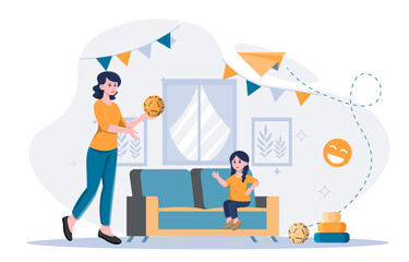 Baby sitter woman. Nanny with ball play with girl. Childcare profession. Babysitter spending time with kid. Leisure and rest. Flat vector illustration