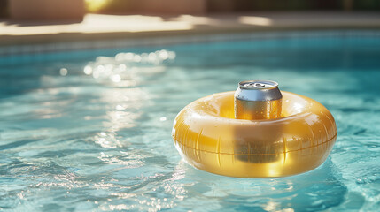 Beer can in donut float holder on sunny pool day