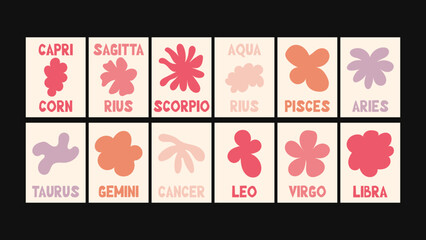 Illustrated vector calendar featuring all zodiac signs in minimal floral naive composition with Matisse-style cutouts, botanical frames and bold collage-like layouts.