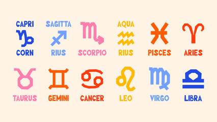 Naive floral zodiac calendar with abstract star sign icons, wavy shapes, groovy textures and seasonal botanical details — perfect for artistic wall decor.