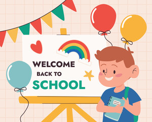Colorful back to school banner with student boy holding notebook. Young pupil with backpack, rainbow, balloons, garland and welcome sign on easel. Education and learning concept. Vector illustration.