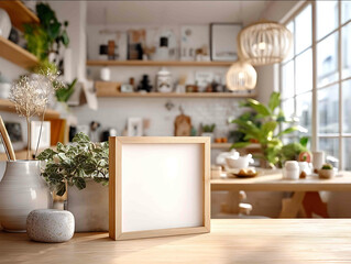 a small white empty square oak framed mockup standong on a light wood table daylight living room background semi closeup at table level Ultrarealistic photog