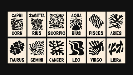 Zodiac sign calendar with stylized graphic symbols in retro floral vector design, Matisse-inspired groovy illustrations and collage art patterns.