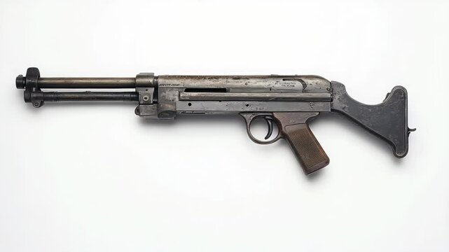 Vintage Submachine Gun Isolated on White Backdrop, Historical Military Arms Arsenal