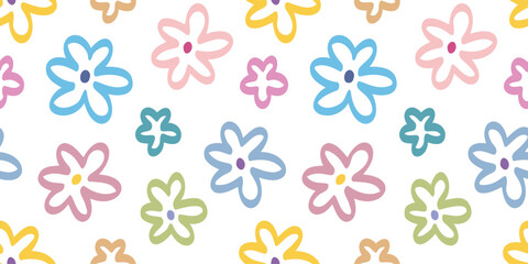 Fototapeta premium Flower doodle seamless pattern hand drawn colorful. Summer floral cute print cartoon flowers. Natural vector background. Trendy kids endless pattern