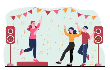 Famous pop singer at scene. Woman with microphone performing on stage. Celebrity gives concert. Entertainment and leisure. Show and performance. Flat vector illustration