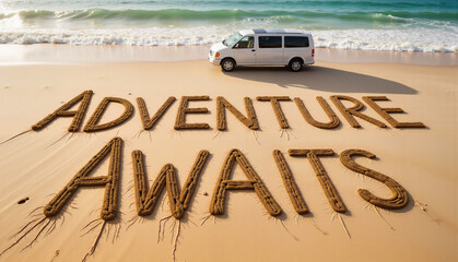 Camper van parked on a sandy beach next to the ocean with "Adventure Awaits" sand art, summer holiday relaxation concept of family road trip or RV travel