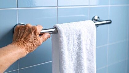 Senior hand gripping towel bar in tiled bathroom symbolizing safety, aging in place and elderly care in everyday home environments