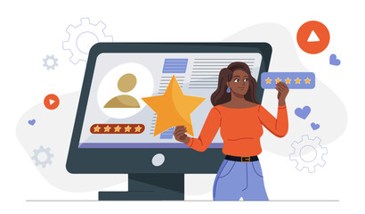 Woman evaluate product service. Young girl ranking goods on internet. Feedback and users opinion. Marketing and promotion on internet. Rating and reputation. Flat vector illustration