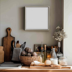 small square blank picture framed in a kitchen