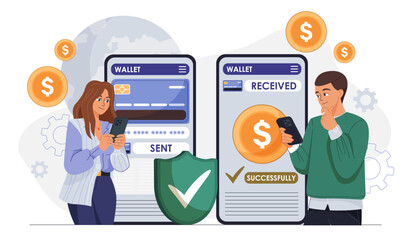 People sending money online. Man and woman near smartphones with coins. Cashless transfers and transactions. Electronic secure payment. Online banking. Flat vector illustration