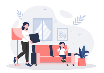 Setting up home. Woman with pillow and girl on sofa. Routine and household chores. Mother and daughter spending time together. Comfort and coziness indoors. Flat vector illustration