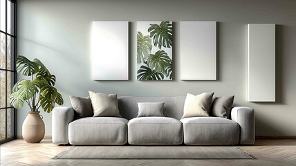 a modern studio mockup scene in 169 ratio minimal furniture layout with a light gray linen sofa and clean cushions three vertical wall art frames in 23 ratio