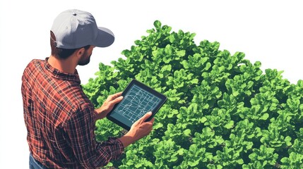 A farmer examines a field using a digital tablet.