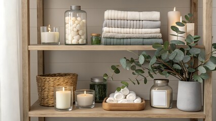 "Panoramic view of bathroom shelf styling with folded towels, natural soap bars, glass jars with cotton pads, eucalyptus branches and candles"
