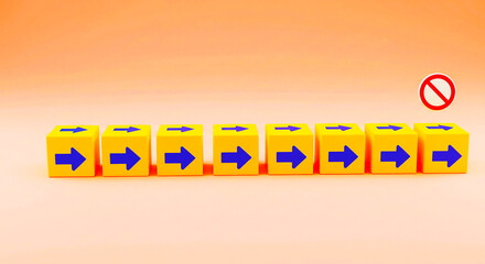 Yellow blocks with blue arrows in a row except for one with a stop sign on a pink background