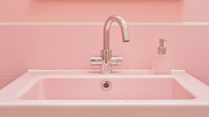 Modern pink bathroom sink with chrome faucet and soap dispenser