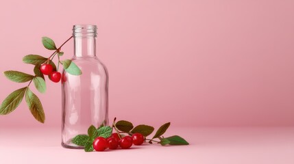 Empty glass bottle with cherry branch on pink background