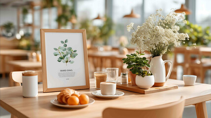 Clean white poster with wooden frame on the wall of cozy cafe surrounded by rustic wooden tables warm coffee cups and soft diffused lighting creating a welco