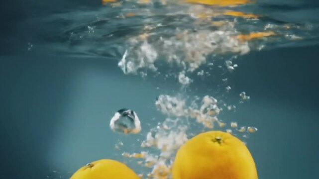 Orange falls into the water, there is a splash of freshness, then squeeze the orange. Short video suitable for video elements about drinks. Generative AI.