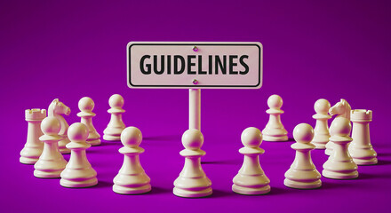 A sign with the word guidelines surrounded by chess pieces on a purple colored background setup