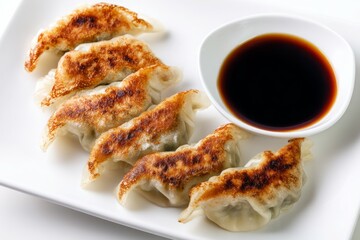 gyoza dumplings with soy sauce,on white plate,top view,isolated on white background