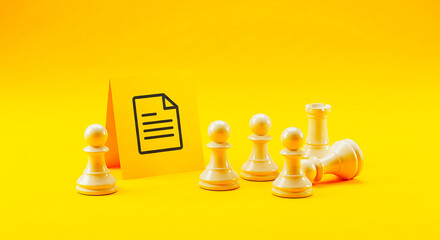Yellow background with chess pieces and a document icon on a yellow card standing upright