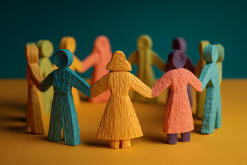 Colorful paper figures holding hands in a circle representing unity and community values during a creative arts gathering