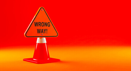 A wrong way sign on top of a safety cone against a solid orange colored studio background space