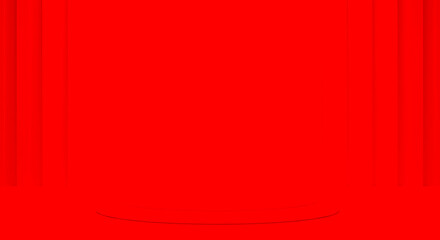 A monochrome red studio with a two tiered circular platform against a panelled wall backdrop