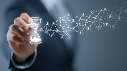 Business professional illustrates time management and efficiency through digital hourglass and network symbols