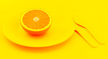 A halved orange on a yellow plate with two yellow spoons on a yellow background in a studio shot