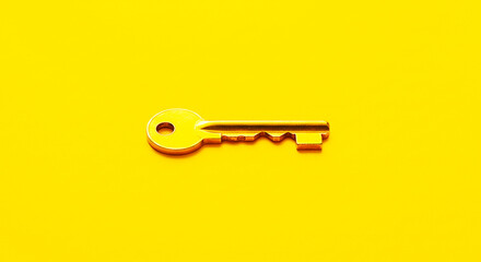 Single metal key lying horizontally on a plain yellow background in a centered composition
